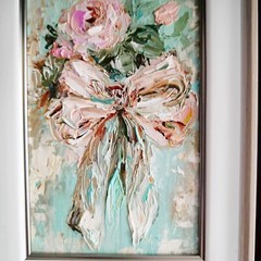 Original Oil Painting Pink Bow and Rose Art Miniature Signed Art 6×4 in