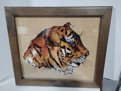 Vintage Art Reverse Glass Painting Of Tigers Head Frame 16”x14” Signed By Artist