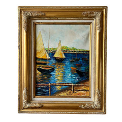 VintageGold Framed Oil Painting, Sailboat Running on Summer Sea Vibrant Blue