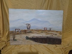 Susy Holguin 1978 Signed Vtg Oil Painting Hill Country TX Longhorns Landscape