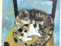 VTG Cat Painting Signed Leslie Randall Oil On Board Mid Century CT Artist 25×24