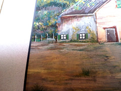 GREEN SHUTTER HOME House PAINTING PICTURE 6 1/2″ x 7 1/4″ mustard yellow FRAME