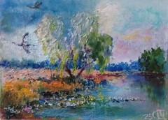 Painting „Herons on the River“. Oil on cardboard. 5×7 inc. Handmade. 2025.
