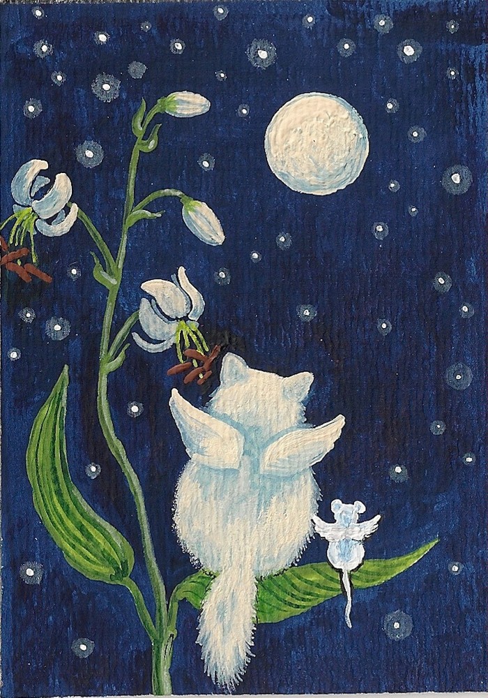 5×7 Print of PAINTING RYTA PERSIAN CAT ANGEL MOUSE STARS FAIRY KITTEN FLOWERS 🌺