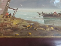 Vintage Signed Italian Fishing Boat Port Harbour Italy Oil Canvas Painting Frame
