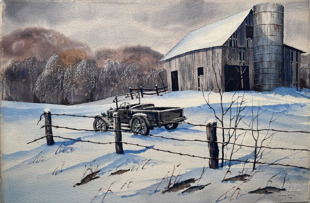 Watercolor Painting Indiana Artist “Snowy Barn Model T Truck” 1979