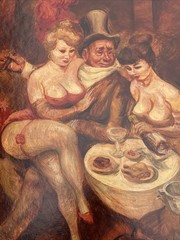 MID CENTURY PAINTING ALAN H WOODS LISTED FAMOUS MEN WOMEN BAR CLUB COCKTAILS