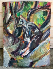 „Kitten in fig tree #2“ Oil on Burlap mounted on Cardboard