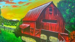 Large Original Canvas Red Barn Farmhouse Wall Art Rustic Country Landscape Sunse