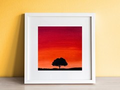 Mini Sunset Painting – 4×4 inches Red and Black Small Art