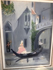 Vtg Impressionistic Venetian Lady moonlight Sonata Painting Venice Side Canal