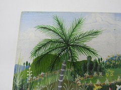 Vintage Haitian landscape painting Charles Guether 4×5” 6-97 swans/ducks?