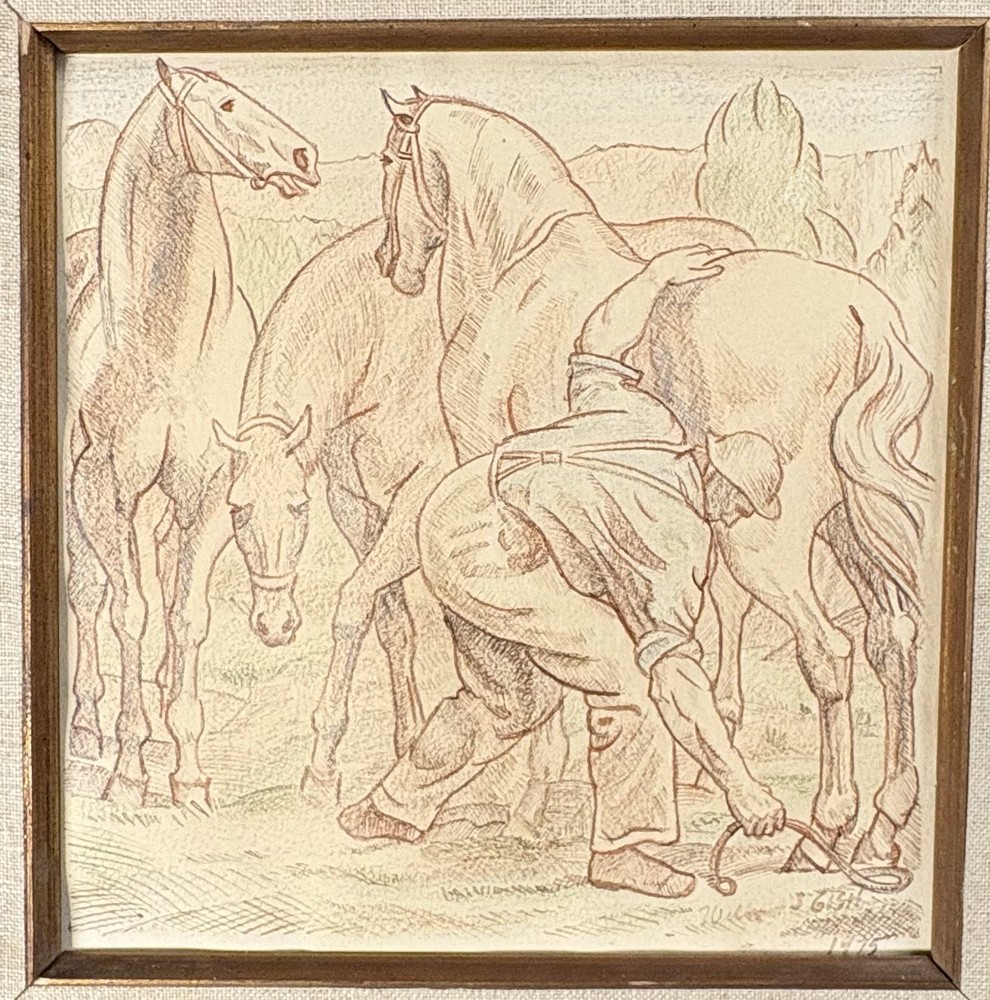 Original Signed William S. Gisch (1906-1989) Colored Pencil Drawing – “Horses”