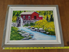 Vintage American Rural Landscape Grist Mill House Painting Rustic Framed