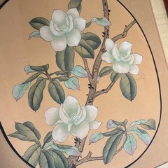 Hand-Painted Magnolia Fan in 16″ Square Shadow Box Frame — Floral Branch Motif