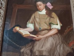 1930-40’s Beautiful Large Oil Painting „Reading Girl“ by Ruel P. Tolman