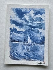 Original ACEO Seascape Blues Stormy Sky Sailboat Dulce Maria Rico“BLUE WHISPERS“
