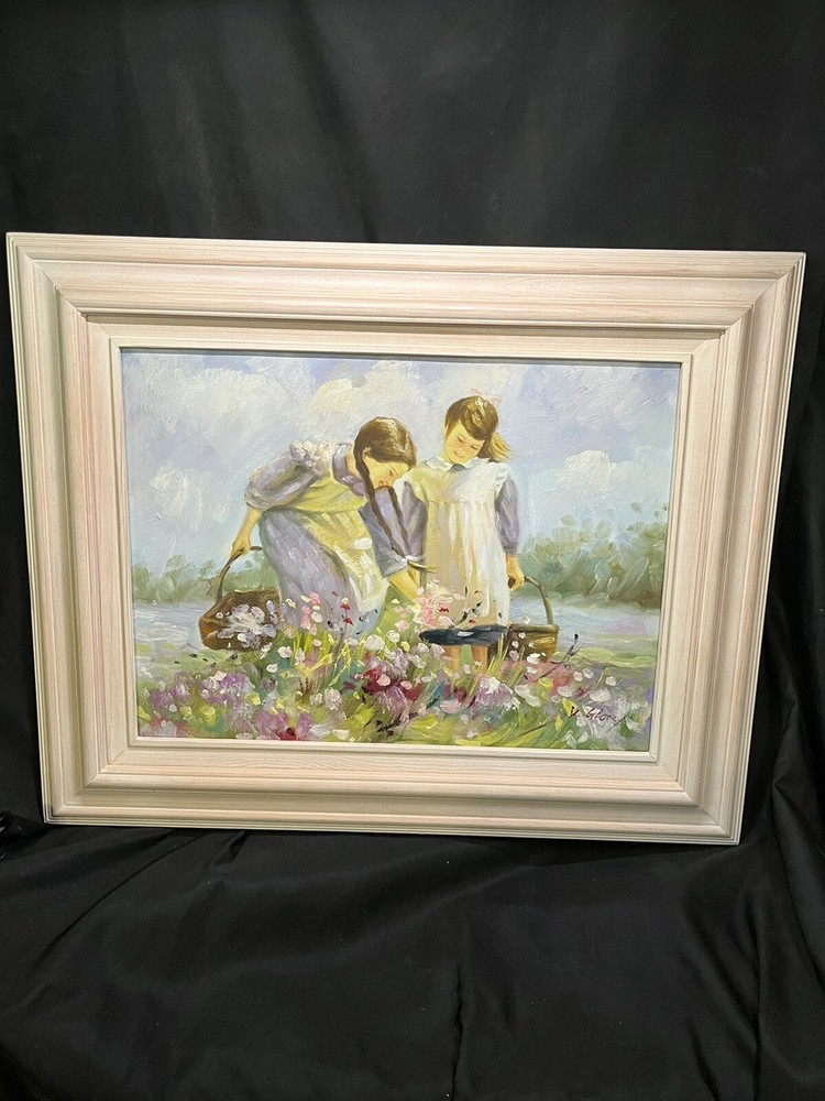 Oil Canvas Painting K. Glory Sisters Amish Girls Picking Flowers Framed Colonial