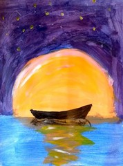 Shai Original Hand Painted 9×12 Abstract Seascape Sunset Signed Acrylic on Paper