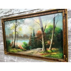 Antique Large Pastel Chalk Painting Mountain Lake Scene Gold Frame 32.5×20.5″