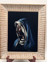Vintage MCM Black Velvet Virgin Mary Painting Framed 16.5 x 20.75 Signed Sherry