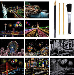 8 Sheets Scratch Art, Adult Scratch Rainbow Painting Art Paper, City Painting