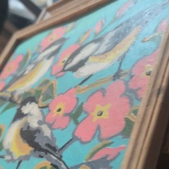 Framed Folk Art Painting Birds & Pink Flowers on Blue Background