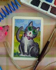 Original ACEO Cute Funny Tuxedo Black Kitty Cat 2.5×3.5 Watercolor Artwork