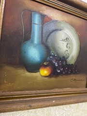 Still Life Oil Painting Fruit Jug Plate Signed C Daniel Vintage Wooden Frame