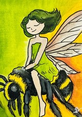 Fairy Riding Bee ACEO Original Watercolor Painting Fantasy Nature Garden Art