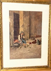 antique 1800’s G Guerrini original gouache watercolor poor boy animals painting
