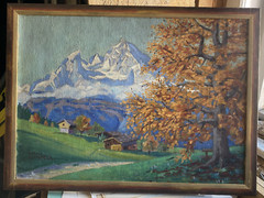Hans Schuster *1886 – 1951 Oil Painting Autumn Alps Antique Frame Alm Huts Oil