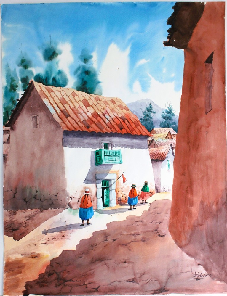 VINTAGE WATERCOLOR ON LARGE PAPER SIGNED MENDEZ SOUTH AMERICAN PERU CUSCO STREET