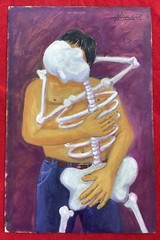 Mexican Master Alfredo Vilchis Self Portrait With Skeleton Lover Painting