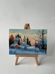 Оriginal oil painting.Winter landscape with a church in the village.Sunset art