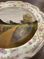 Vintage Rustic Hand Painted decorative plate With landscape scene 9”Beautiful