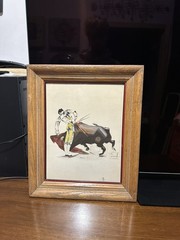 VTG MCM SIGNED ORIGINAL MATADOR BULL FIGHTING PAINTING by ARTIST CALINDOR MEXICO