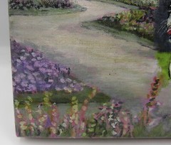 Signed oil painting canvas 1998 Toy Garden French bulldog/pug flowers 6×6″