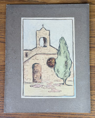 ORIGINAL PASTEL DRAWING OF FRENCH CHAPEL COUNTRY CYPRESS TREE Provence Church