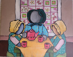 Original Art Amish Dolls Quilt Tea Party Multimedia 8×10″ Judy Grupp Signed