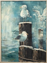 Vintage Karen Rinaldo Impressionist Oil Painting Seagulls on Pilings Cape Cod MA