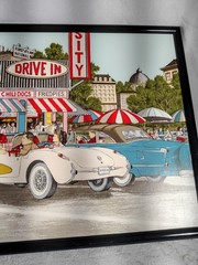 H Hargrove 1957 Corvette At Drive In Restaurant Signed Oil Painting 21.5 X 25.5