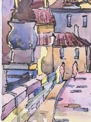Original Signed Watercolor Prague Charles Bridge Cityscape – Praha, 1996