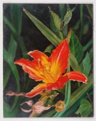 Flower Painting Oil on Canvas c.1990 Red Lilly Orange Yellow Greenery Brilliant 