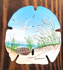 VTG Sand Dollar Seashell Hand Painted Beach Ocean Seagull Signed Art Plaque