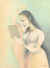 Hand Miniature Painting Of Rajput Queen Looking In To Mirror 8.5×11.5 Inches