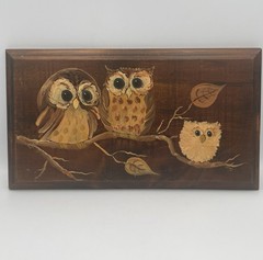 Vintage Painting on Wood Wall Plaque Folk Art Owl Family Signed 1970s 70s MCM