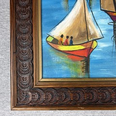 Pair Vtg Haitian MCM Sailboat Oil Paintings Signed Jack 8×10 Carved Wood Frames