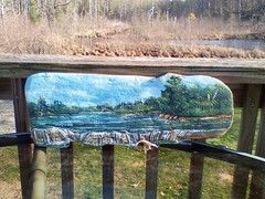 Folk Art painting on driftwood Ronda waterfalls wooded landscape cabin nature