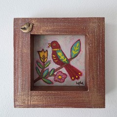 Folk Art ORIGINAL Wooden Frame Red Bird Tree Flower Leaf Branch Painting Acrylic